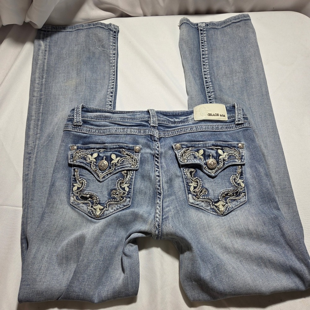 Y2k Grace in LA Easy Fit Embroidered Bootcut Jeans Light Wash Sequin Size 31
